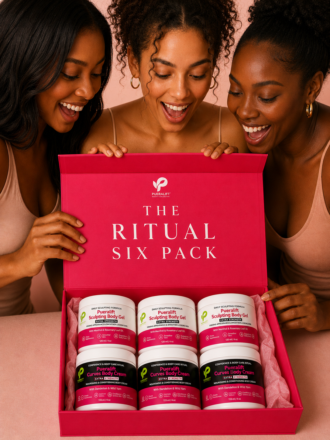 Pueralift Ritual Six Pack body care collection featuring Sculpting Body Gel and Curves Body Cream.