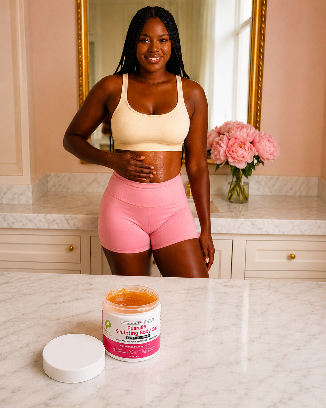 Pueralift Sculpting Body Gel daily beauty ritual featuring open jar with visible gel and confident woman in luxury bathroom setting.